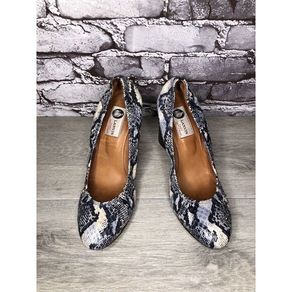 LANVIN Ivory Blue Snake Print Leather Ballerina Pumps Wedges Women 40EU/9.5M US
